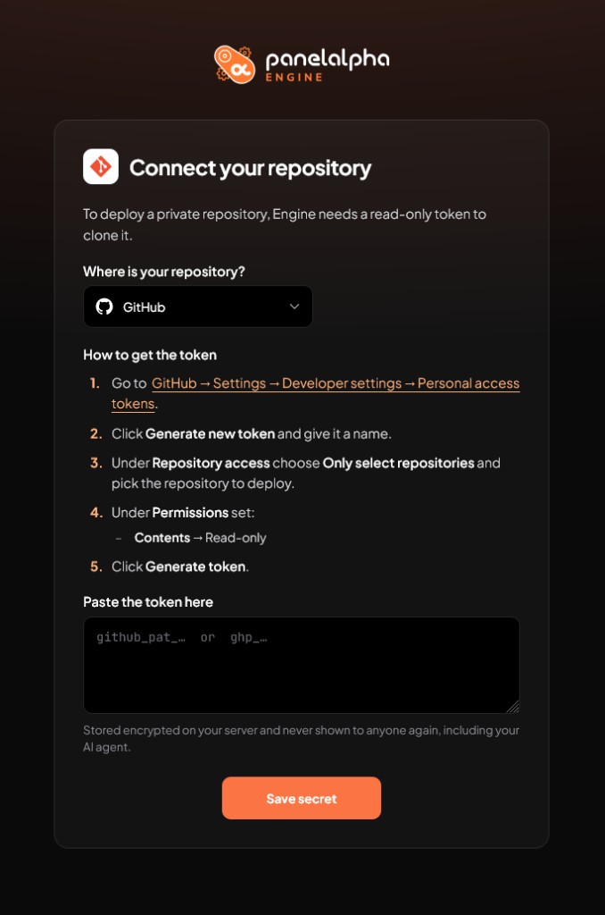 Connect your repository page: paste a git token and select Save secret